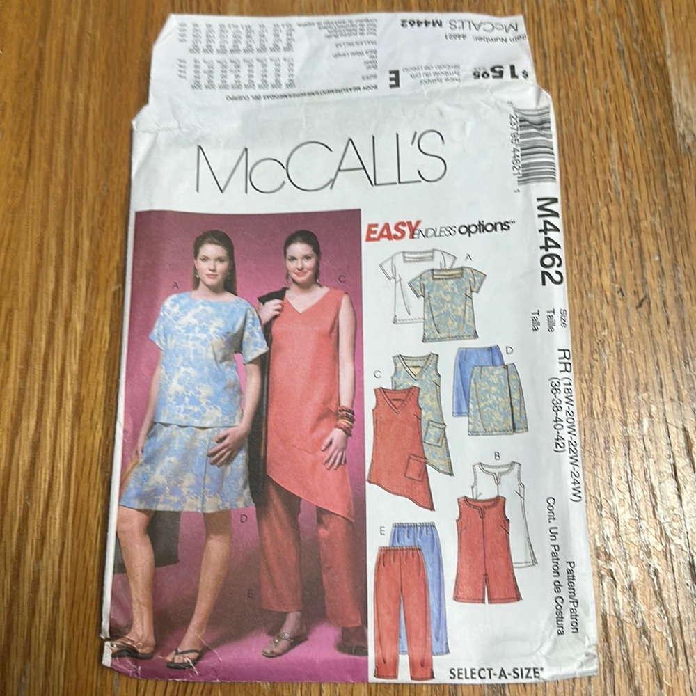 Uncut sewing pattern McCalls 4462 women’s top, tunic, skirt, capri pants